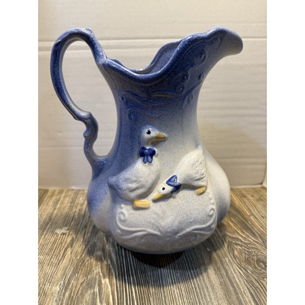 vintage blue and white ironstone pitcher with a geese‎ Ducks Cottage Core motif